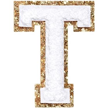 Imagem de 3 Pçs Chenille Letter Patches Ferro em Patches Glitter Varsity Letter Patches Bordado Borda Dourada Costurar em Patches para Vestuário Chapéu Bolsa de Camisa (Branco, T)