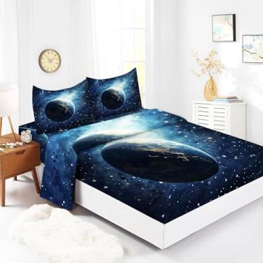 Imagem de Bhoyctn Jogo de lençol solteiro Galaxy Earth, 4 peças, azul, lençol de cima estampado com bolso profundo de 40,6 cm, 100% microfibra, ultramacio e agradável à pele