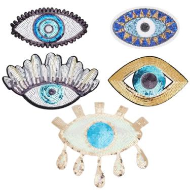 Imagem de INFUNLY 5 peças de adesivos de lantejoulas olho turco ferro no olho turco costurar no olho turco apliques adesivos adesivos de olho turco emblema para roupas faça você mesmo, jeans, bolsas, jaqueta,