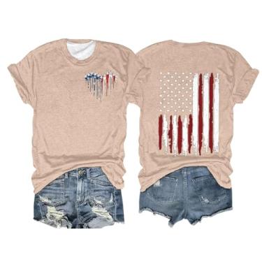 Imagem de Camiseta feminina com bandeira americana, listras estrelas, 4 de julho, casual, manga curta, gola redonda, túnica para festivais de verão, Bege, M