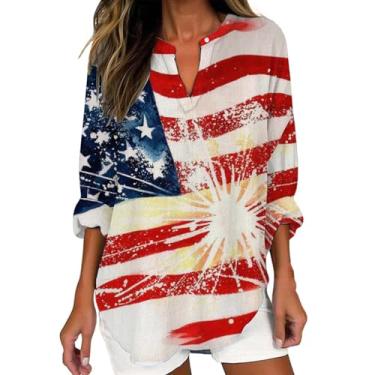 Imagem de Camisetas femininas de linho 4 de julho com listras com bandeira americana, blusas de verão, manga comprida, gola V, tamanho grande, casual, Vermelho, P