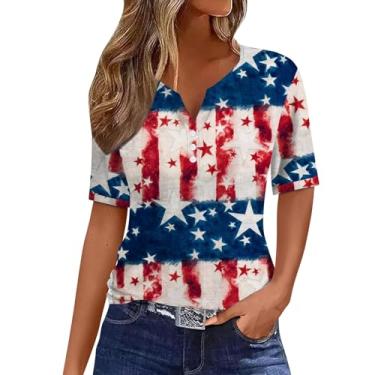 Imagem de Camiseta feminina 4th of July bandeira americana listras estrelas tops verão patriótico Memorial Day túnica gola V manga curta, Azul, G