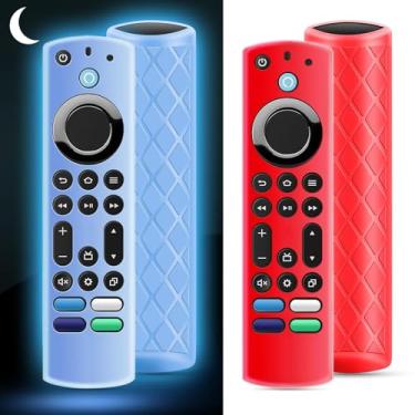 Imagem de OneBom (2 peças) Capa de silicone para controle remoto que brilha no escuro para Firetv 4K Max (2ª)/Insignia/Pioneer/Omni (QLED) Series com cordão, leve, antiderrapante, à prova de choque (azul claro