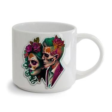 Imagem de Xícara Bucks Porcelana 450ML Casal fantasiados de caveira mexicana desenho