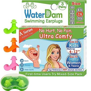Imagem de WaterDam Tampões de ouvido de natação A-Series ultra confortáveis ótimos protetores de ouvido impermeáveis (tamanho 2A+2A+2A: crianças adolescentes pequenas e médias mulheres (verde, laranja, rosa))