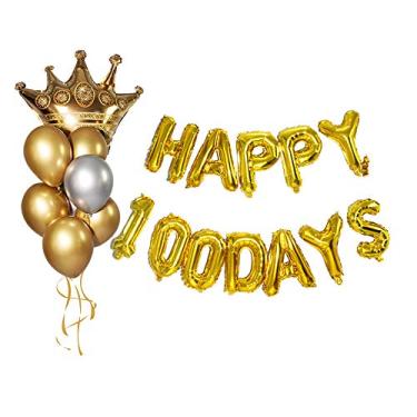 Imagem de AnnoDeel HAPPY 100 DAYS Letter Foil Balloon, 16inch Gold Happy 100 Days Large Cronw Balloon Metallic Balloons for Baby Shower Birthday Party Decoration