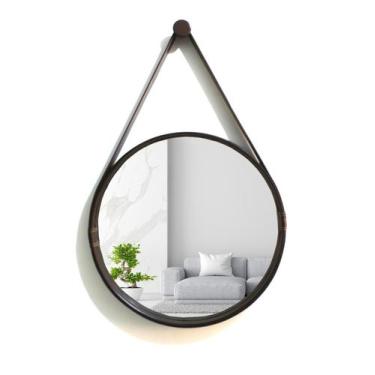 Imagem de Espelho redondo decorativo com moldura alça de couro 40cm café - Cubas