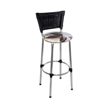 Imagem de Banqueta Alta Cromada com Encosto Junco Preto Assento Floral Marrom - 