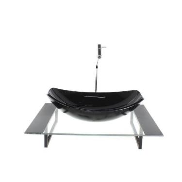 Imagem de Kit cuba de vidro oval chanfrada com tampo 60cm preto e suporte preto 