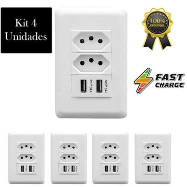 Imagem de Kit Tomada De Parede Dupla 10A Com Espelho Branco 4x2 Com 2 Portas Usb