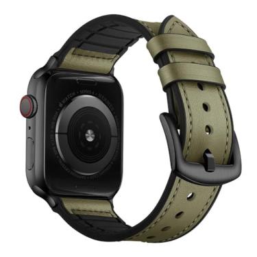 Imagem de OUHENG Pulseiras de couro compatível com Apple Watch séries 11, 10, 9, 8, 7, 6, 5, 4, 3, 2, 1, SE3 SE2 SE, verde militar, preto