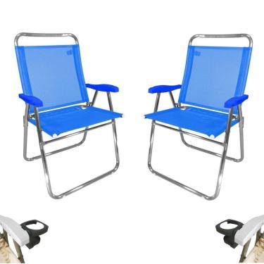 Imagem de Kit 2 Cadeira De Praia King Oversize Alumínio Até 140Kg 2 Porta Copos Térmico Lata Isopor Dobrável - Zaka