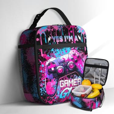 Imagem de Lancheira de videogame para meninas e mulheres adolescentes Graffiti rosa Gamepad Lancheira reutilizável isolada à prova d'água à prova de vazamento portátil Gamer Lancheira escolar para crianças e