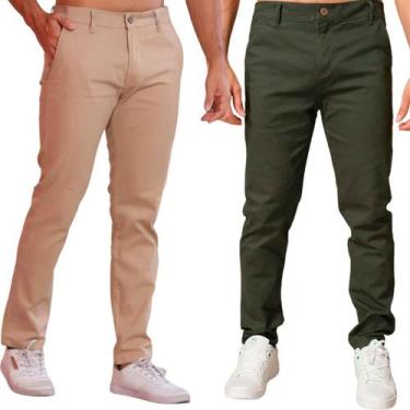 Imagem de Kit 2 Calça de Sarja Caqui e Verde-Militar Corte Alfaiataria Masculina