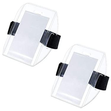 Imagem de Suporte de crachá de braço de 2 peças, suporte de crachá de identificação de braçadeira com alça elástica ajustável para passe de trabalho, transparente