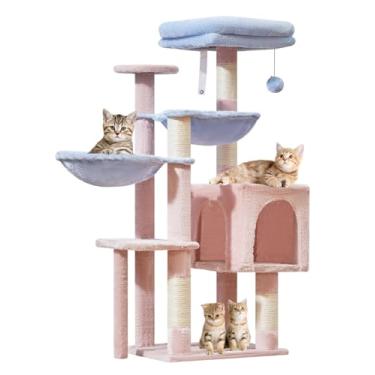 Imagem de Taoqimiao Árvore para gatos, 100 cm para gatos internos, adequada para gatinhos, condomínio de gatos de pelúcia com 5 postes para arranhar, poleiro de pelúcia, 2 redes, pompons, MS019PB rosa e azul