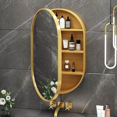 Imagem de Armário de banheiro, armário de remédios oval com espelho, armário de remédios de banheiro com armazenamento, armário de remédios moderno, espelho de parede para banheiro, sala de estar, dourado,