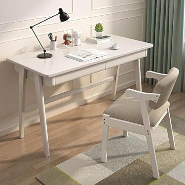 Imagem de Escrivaninha nórdica de madeira maciça resistente e estável com gaveta de armazenamento, mesa de computador estilo industrial para estúdio, quarto, branca, 120 x 60 x 75 cm (17 x 23 x 29 pol.)