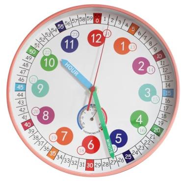 Imagem de SYOYUEX Relógio de aprendizagem para crianças, relógio colorido de 25 cm, relógios silenciosos, quarto, cozinha, sala de aula, decoração na escola, relógio de parede digital transparente para quarto