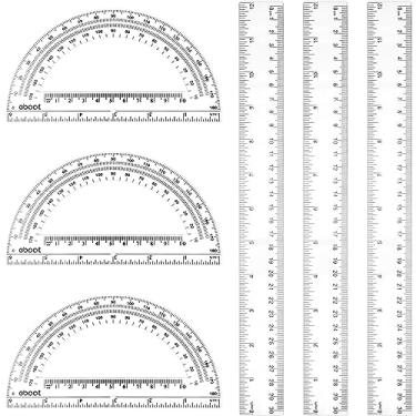 Imagem de Zonon Conjunto de 6 pacotes de régua de plástico de 30 cm e transferidor de plástico de 15 cm conjunto de transferidores geométricos matemáticos transparentes réguas para desenho de escritório em casa
