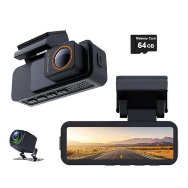 Imagem de Câmera veicular de lente dupla 4K para carros, gravador de vídeo automotivo super HD 2160p, gravador GPS WiFi com monitor de câmera traseira 1080p DVR (cartão de 64 GB incluído)