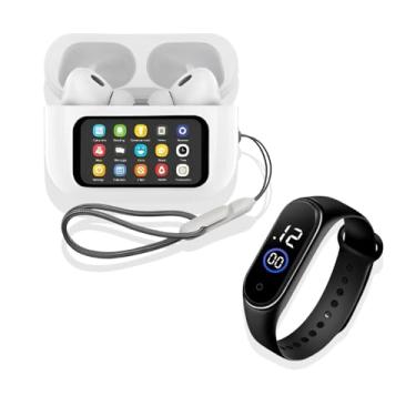 Imagem de Fone de Ouvido Bluetooth 5.4 Digital Mídia Sem Fio Visor Touch Para Iphone e Android (Cor Branca) + Relógio Led Esportivo A Prova de Água Pulseira de Silicone Regulável (Somente Cor Preta).