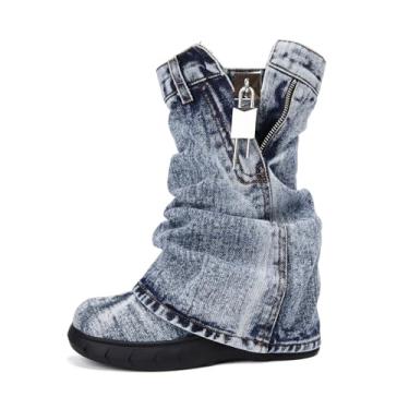 Imagem de CAGLGLZ Botas Femininas De Cano Grosso, Estilo Cowboy Ocidental, Bico Redondo, Com Cadeado, Dobráveis, Para Mulheres, Vintage, Moda, Plataforma Elevada, Botinhas De Cano Médio (Azul Jeans, 9,5)