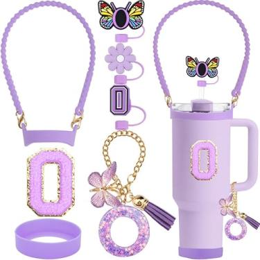 Imagem de ZYBIDEAL Conjunto de acessórios roxos de 8 peças para Stanley Cup, 3 peças de canudo de 10 mm, alça de silicone para garrafa de água, bota para Stanley 30 e 1,134 g, corrente com pingente de letra,