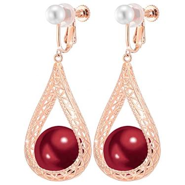 Imagem de Brincos de 14 mm com pingente de pérola grande, formal, não perfurado, para mulheres, bijuterias, 53.2mm, Ouro rosa, Pérola