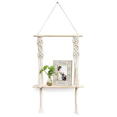 Imagem de Divisória flutuante prateleira de parede prateleira flutuante de madeira com corda cinza decoração de parede para sala de estar banheiro quarto prateleira (cor: bege)