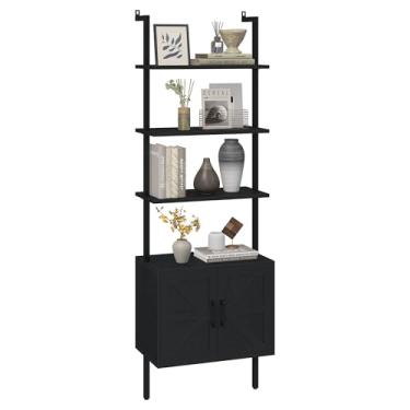 Imagem de Yusong Estante de livros de 185 cm de altura com armário, prateleira de parede de escada industrial com moldura de madeira e metal, expositor de armazenamento de parede para sala de estar e quarto,