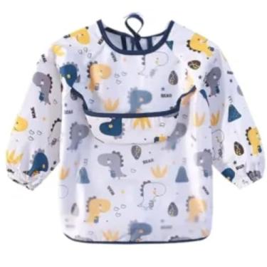 Imagem de Babador Manga Longa Com Elastico Coletor de Migalhas Tecido Plastificado Molinho Impermeável Babador Avental Dinossauro Com manga Longa