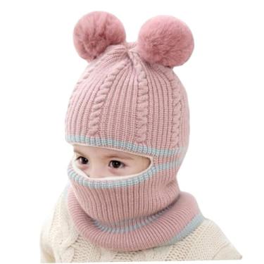 Imagem de Cachecol de malha para bebês de inverno, 2 em 1, gorro de aba de orelha infantil com bola, chapéus com capuz para meninos e meninas para esportes e atividades ao ar livre