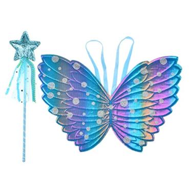 Imagem de Lucky Summer Butterfly Fairy Wings with Magic Wand Princess Costume Set Glitter Photo Prop (Blue)