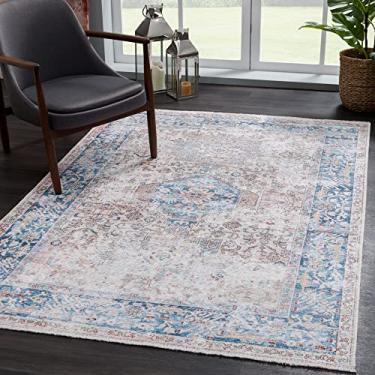 Imagem de Bloom Rugs Tapete lavável antiderrapante 2x3 - Tapete de área oriental tradicional bege/azul oceano para sala de estar, quarto, sala de jantar e cozinha - Tamanho exato: 5 x 7 cm