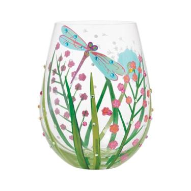 Imagem de Taça de vinho Enesco Lolita sem haste libélula, vidro soprado artesanal com design pintado à mão