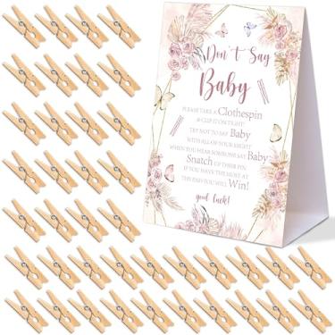 Imagem de Jogos de chá de bebê com tema floral Boho, não diga o bebê, pacote com 1 placa e 50 mini prendedores de roupa de madeira, decorações de chá de bebê de borboleta, artigos de festa reveladores de gênero