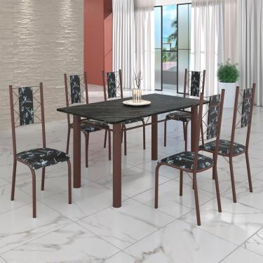 Imagem de Conjunto Sala De Jantar Mesa Tubo 140x75cm Tampo Pedra Ardósia C-6 Cadeiras Preto Floral - Marrom