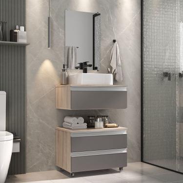 Imagem de Conjunto Gabinete Banheiro Creta 60cm (gabinete+espelheira+cuba) Madeirado Cinza