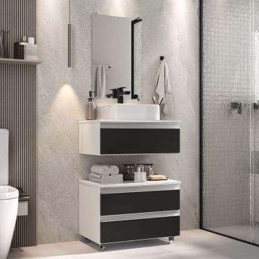 Imagem de Conjunto Gabinete Banheiro Creta 60cm (gabinete+espelheira+cuba) Branco Preto