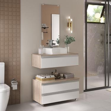 Imagem de Conjunto De Gabinete Banheiro Creta 80cm (gabinete+cuba+espelheira) Madeirado Branco