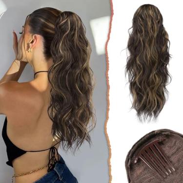 Imagem de SOFEIYAN Extensão De Rabo Cavalo Com Cordão Sofeiyan, 24" Ondulado, Cacheado, Presilha, Pente Em Extensões, Rabos Grossos E Fofos, Apliques Sintéticos Para Mulheres - Castanho/Castanho-Avermelhado