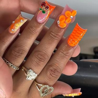 Imagem de RIICFDD Pontas De Unha Pato, Unhas Postiças Longas, Ponta Francesa Laranja, Flor, Cereja, Strass, Pingentes, Cobertura Total, Estilo Pés Postiços Para Mulheres E Meninas, 24 Peças