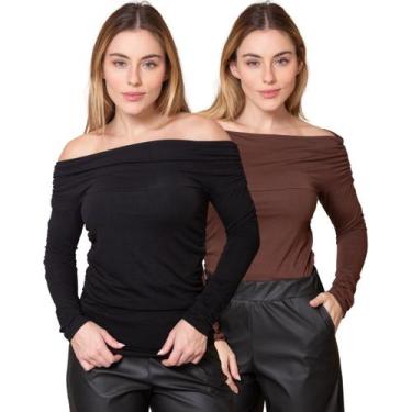 Imagem de Kit 2 Blusas Feminina Ombro a Ombro com Lateral Franzida Manga Longa -