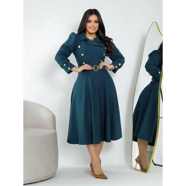 Imagem de Vestido Midi Elegante Manga Longa Social com Cinto Moda Evangélica Fes
