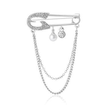 Imagem de Broche de segurança da moda com correntes de borla penduradas, pingente decorativo de zircônia cúbica cristal pérola colar pinos de etiqueta para suéter, vestido, saia, gravata punk, acessórios para