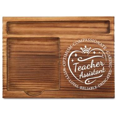 Imagem de Porta-notas adesivas de madeira – Organizador de mesa de escritório elegante para assistentes de professores e educadores – Madeira natural com compartimentos para notas, canetas e pequenos acessórios