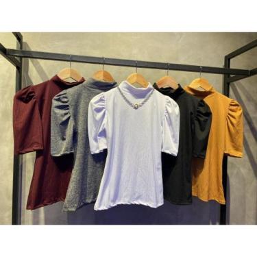 Imagem de blusa feminina gola alta manga curta princesa bufante malha canelada e