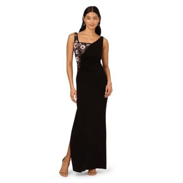 Imagem de Adrianna Papell Vestido longo feminino de jérsei com miçangas, Preto Multi, 46