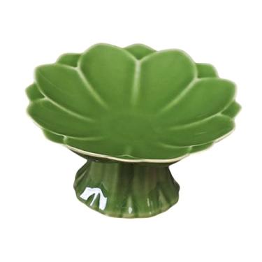 Imagem de IEUDNS Prato de cerâmica com pé em formato de lótus, elegante suporte para frutas e vegetais, fruteira para mesa de jantar, festas e cozinha, Verde